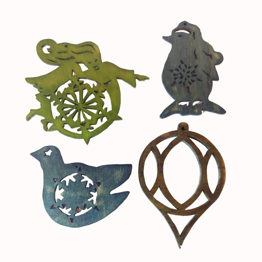Handcrafted Wood Cut Out Christmas Ornaments Green Set of 4 Penguin Bird Snowfla